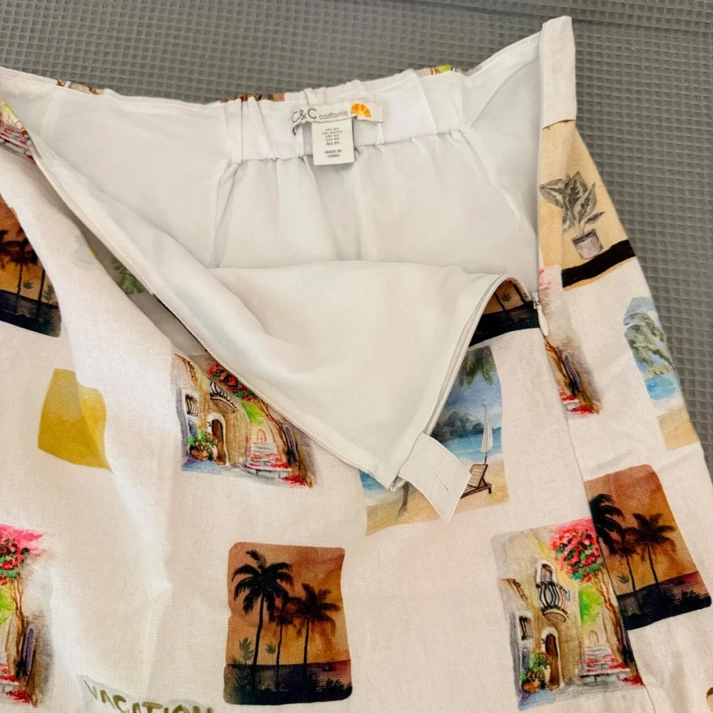 C&C California 2 Piece Set XS White Multicolor Postcard Print Top Mini Skirt